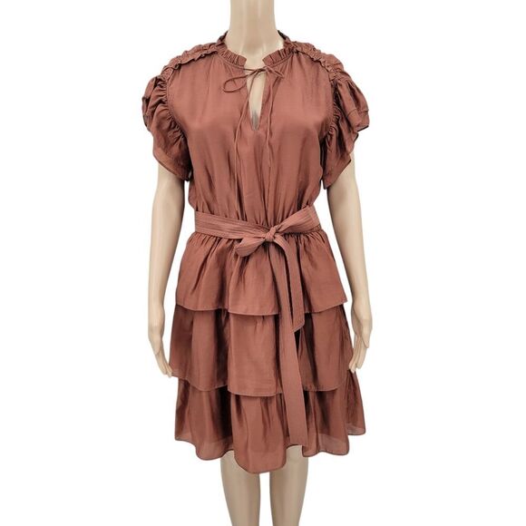 Current Air Flutter Sleeve Tiered Mini Dress Bronze Brown Belted - Picture 2 of 14